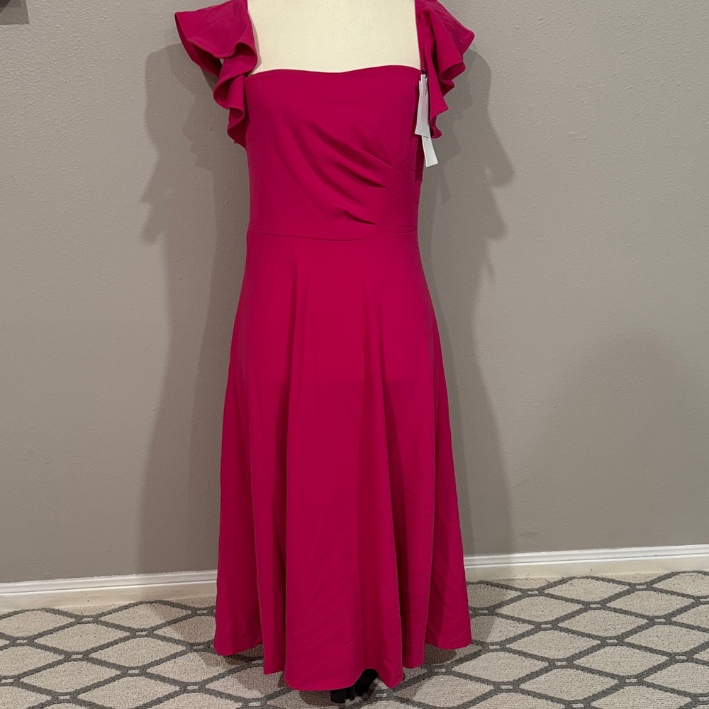Calvin Klein Fuchsia Midi Dress with Ruffle Sleeves